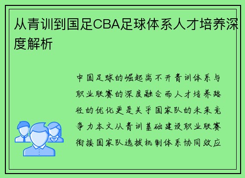 从青训到国足CBA足球体系人才培养深度解析