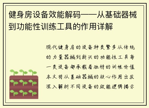 健身房设备效能解码——从基础器械到功能性训练工具的作用详解