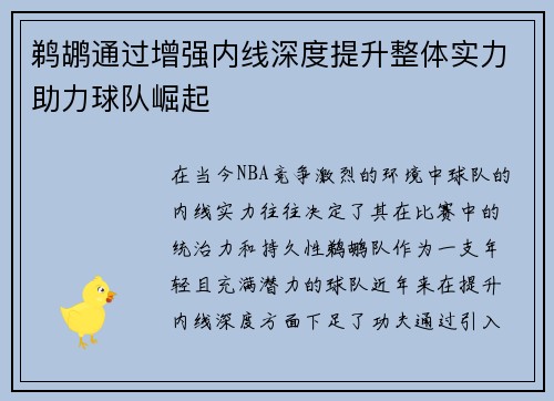 鹈鹕通过增强内线深度提升整体实力助力球队崛起