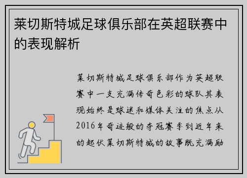 莱切斯特城足球俱乐部在英超联赛中的表现解析
